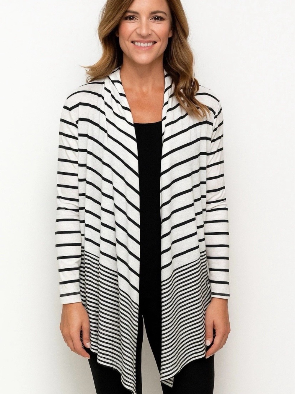 TALBOTS Open Draped Front Cardigan Olive White Stripe Women’s S